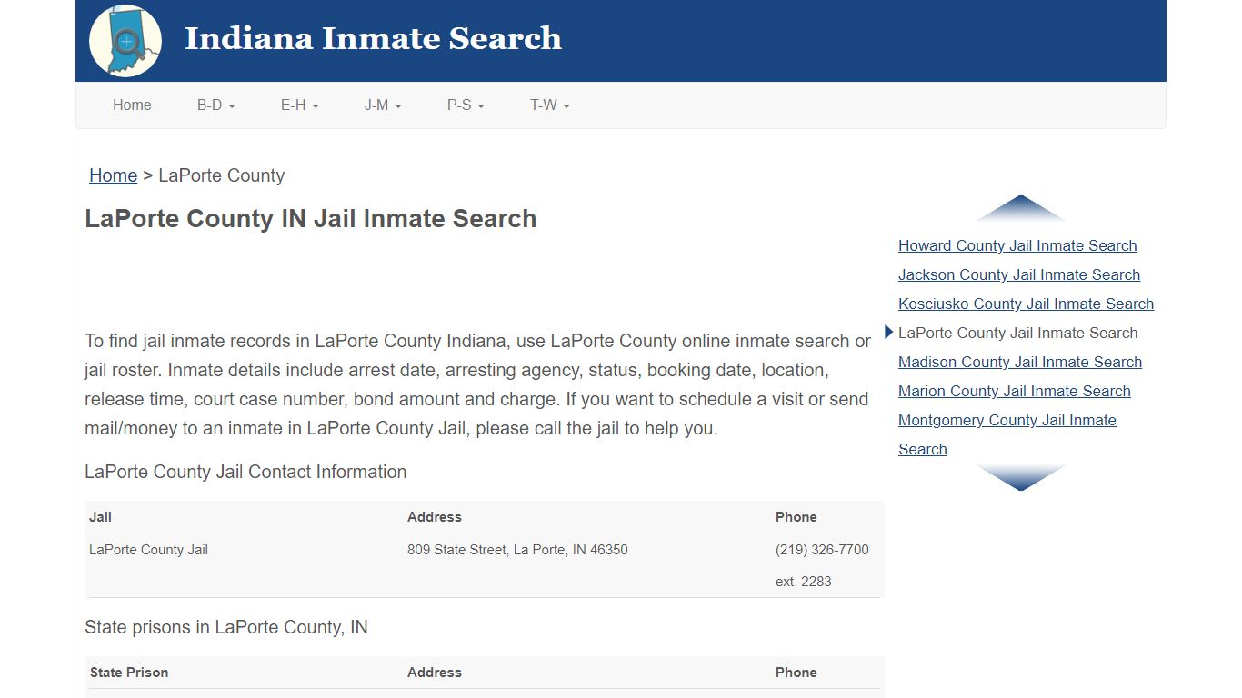 LaPorte County IN Jail Inmate Search